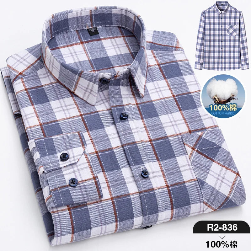 Pure Cotton Men's Plaid Shirt Long Sleeve Regular Fit Men