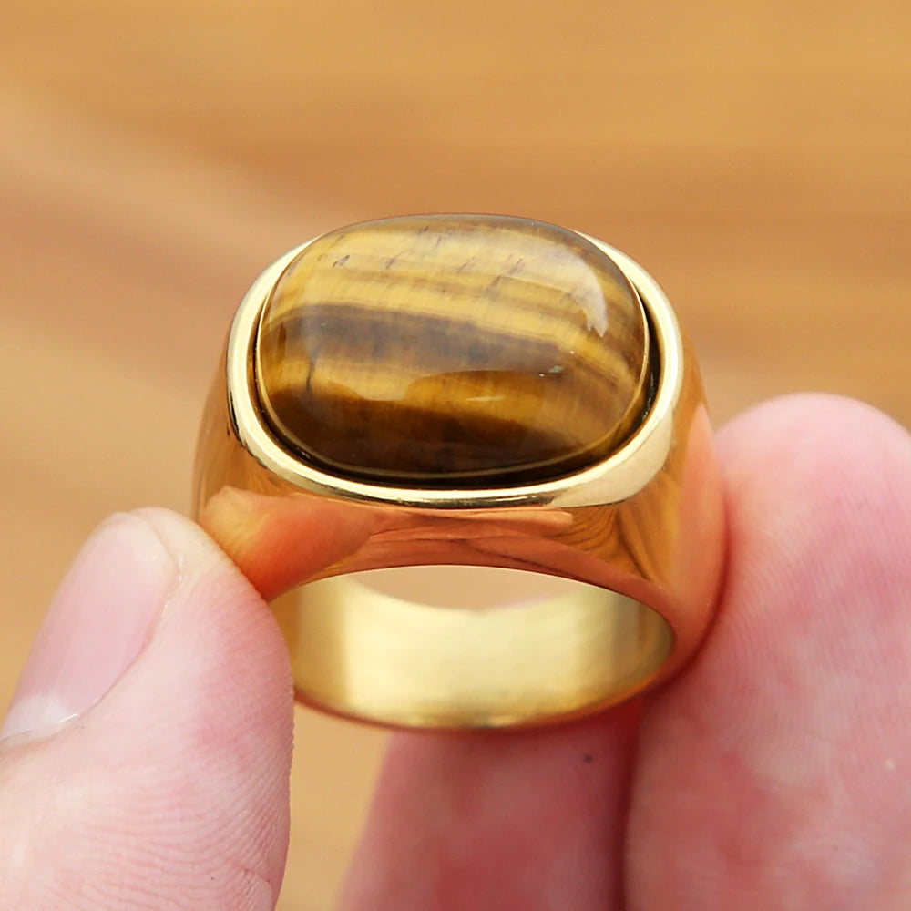 Golden Color Tiger Eye Brown Stones Rings Stainless Steel