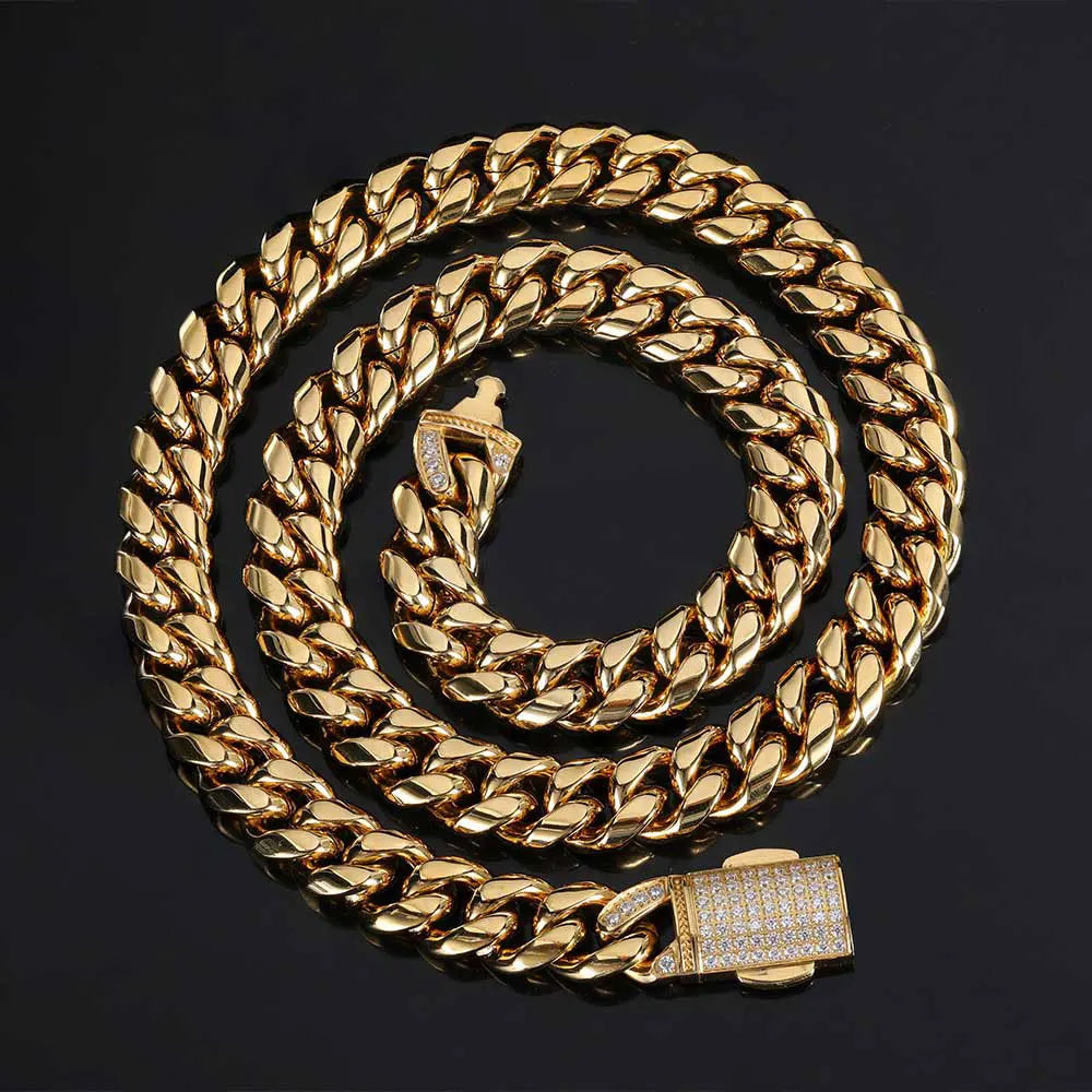 12mm Stainless Steel Homme Cadena Miami Cuban Link Chain Men Rapper Rock Necklace