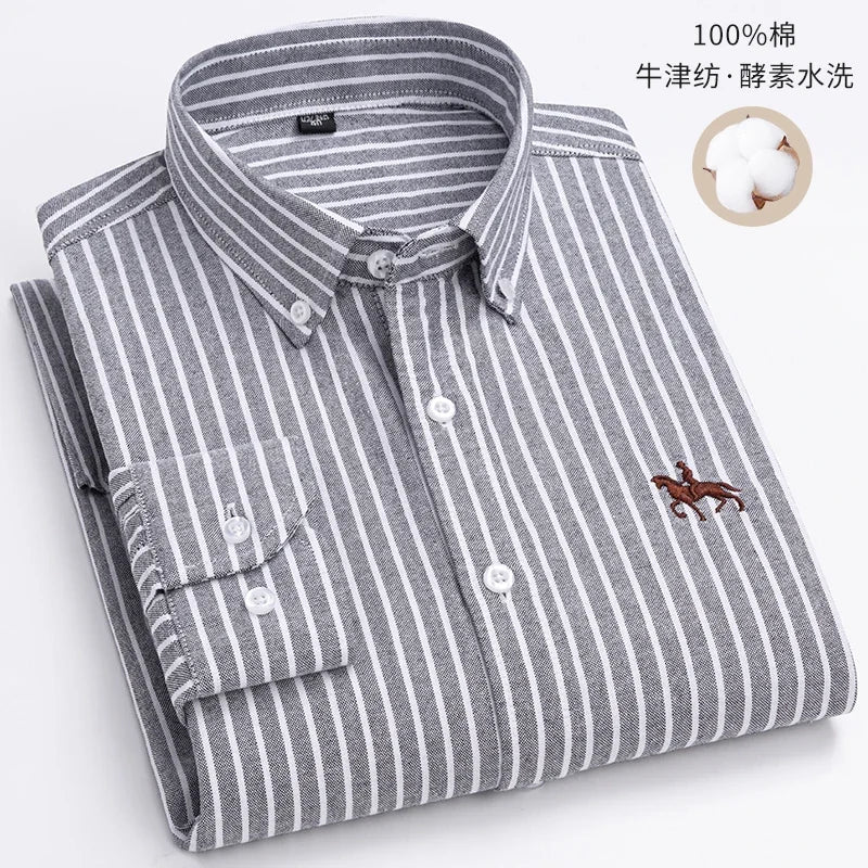 Embroidered Horse Shirts Streetwear Oversized Men Shirt Long Sleeve