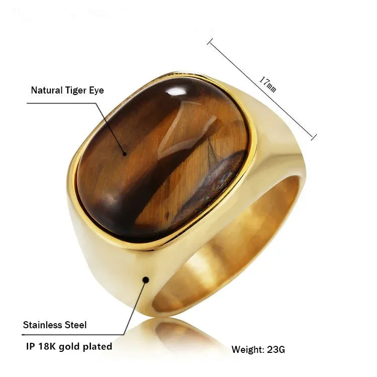 Oval Natural Tiger Eye Stone Rings for Women Men Stainless Steel