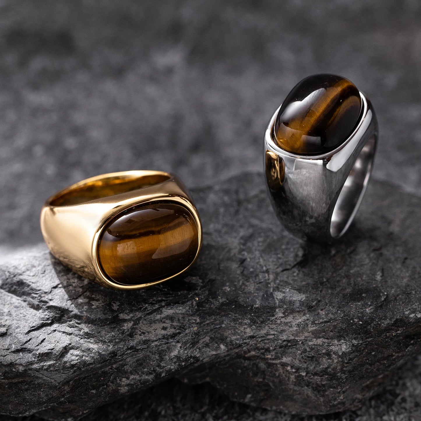 316L Stainless Steel Ring with Natural Tiger's Eye - Simple Round Style, Unisex Ring, Gold Plated, Natural Stone for men women