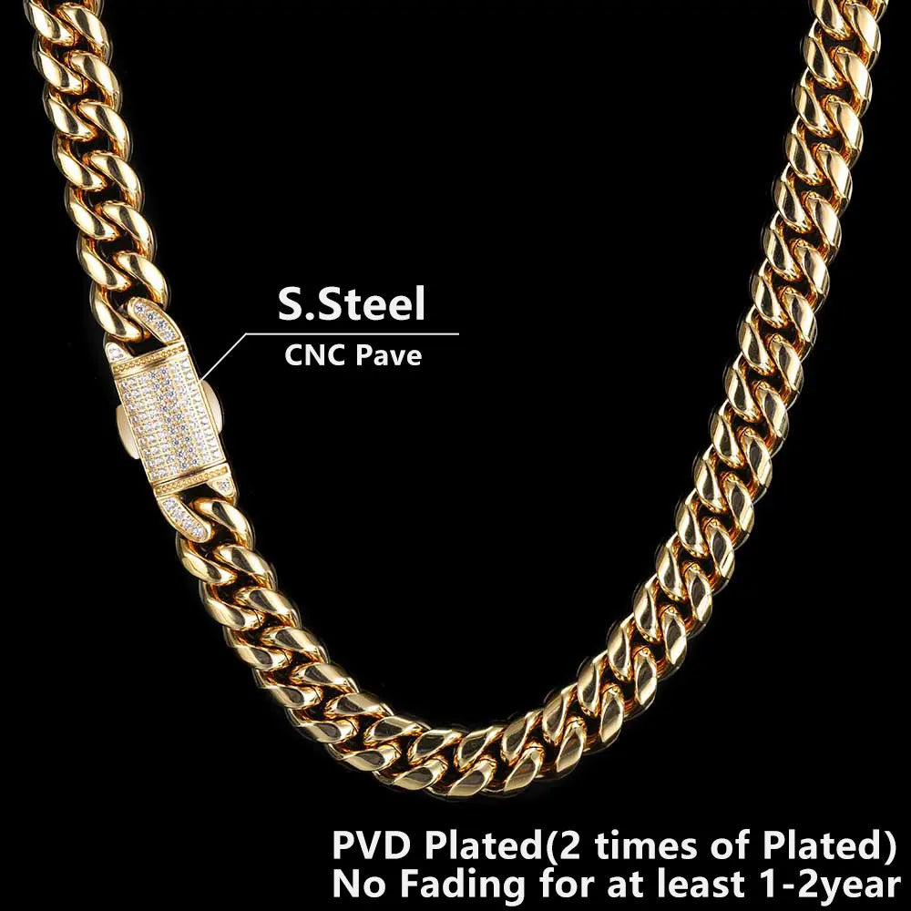 12mm Stainless Steel Homme Cadena Miami Cuban Link Chain Men Rapper Rock Necklace