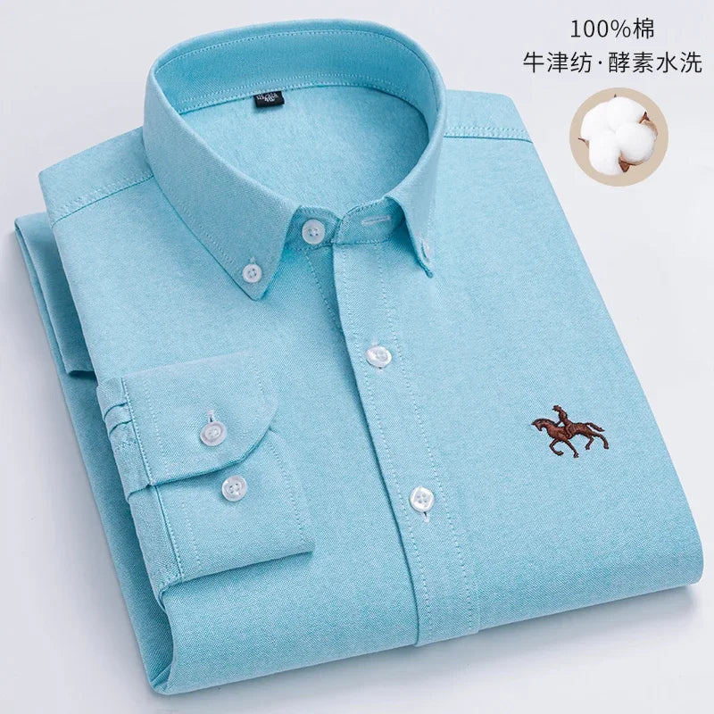 Embroidered Horse Shirts Streetwear Oversized Men Shirt Long Sleeve