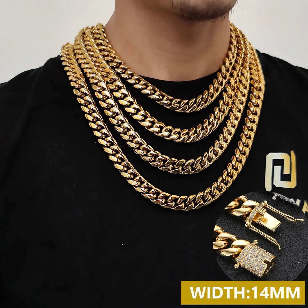6-16mm Iced Clasp Cuban Link Chain Miami Stainless Steel Necklace Gold Color