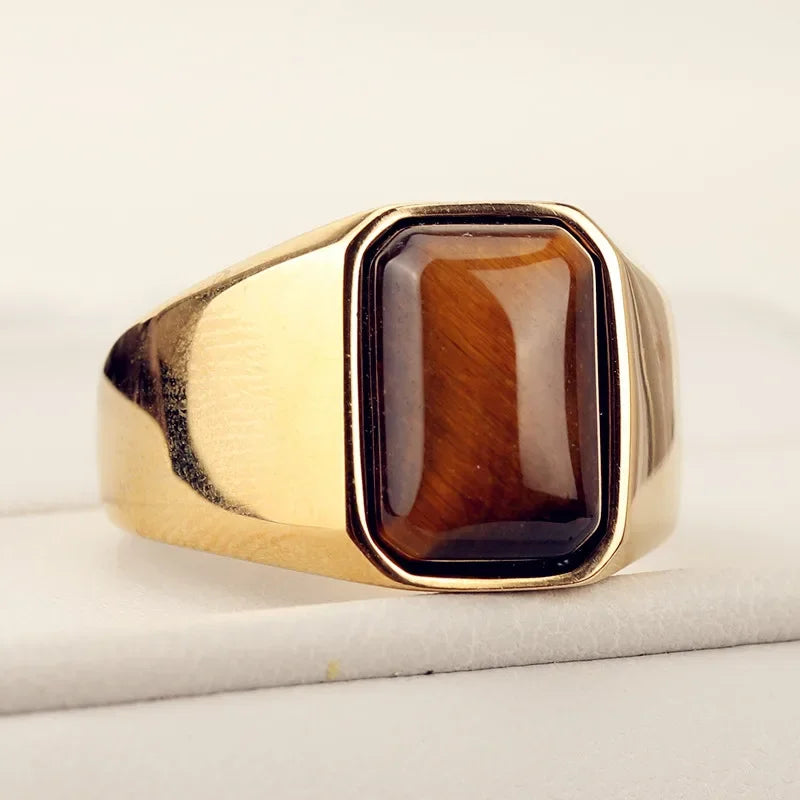 Natural Gemstone Tiger Eye Signet Ring Stainless Steel Waterproof