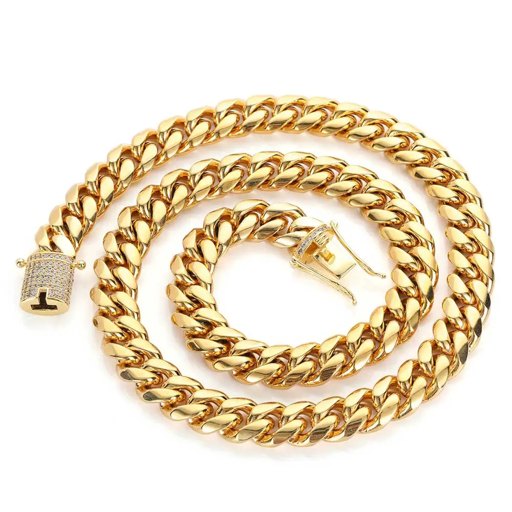 6-16mm Iced Clasp Cuban Link Chain Miami Stainless Steel Necklace Gold Color