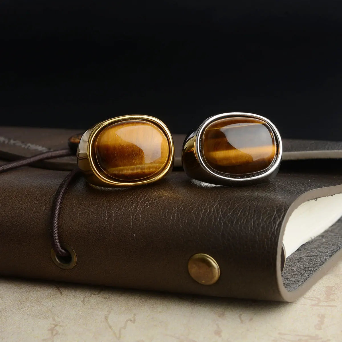 Oval Natural Tiger Eye Stone Rings for Women Men Stainless Steel