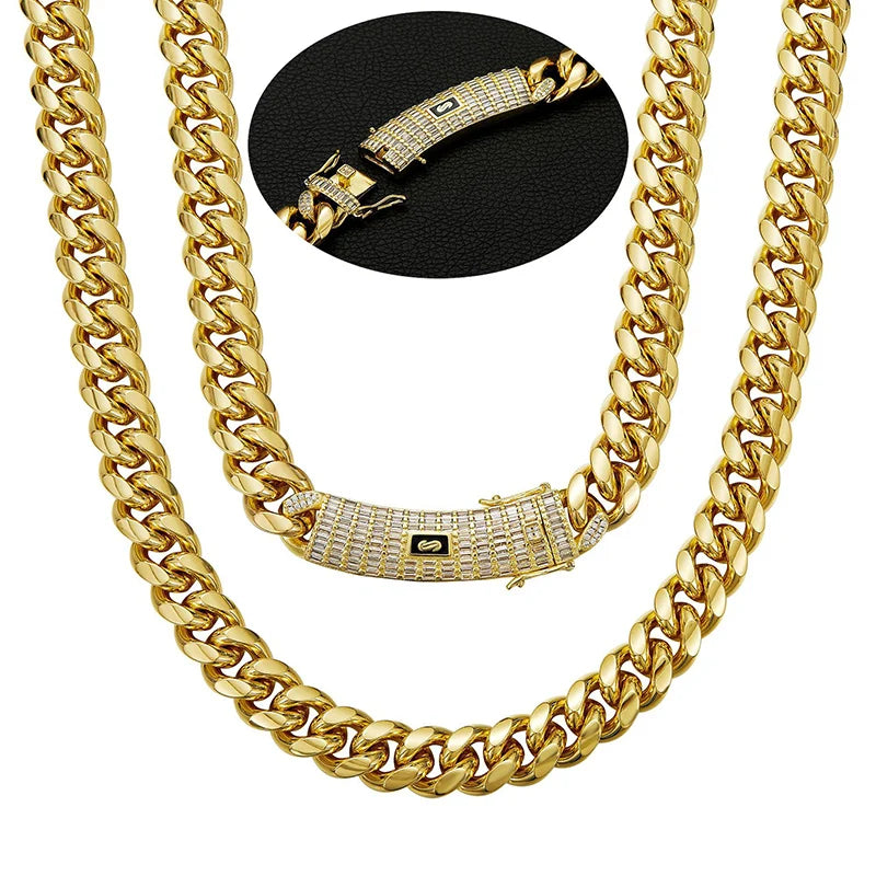 6-14mm Gold Color Stainless Steel Cuban Miami Chains Necklaces CZ Zircon