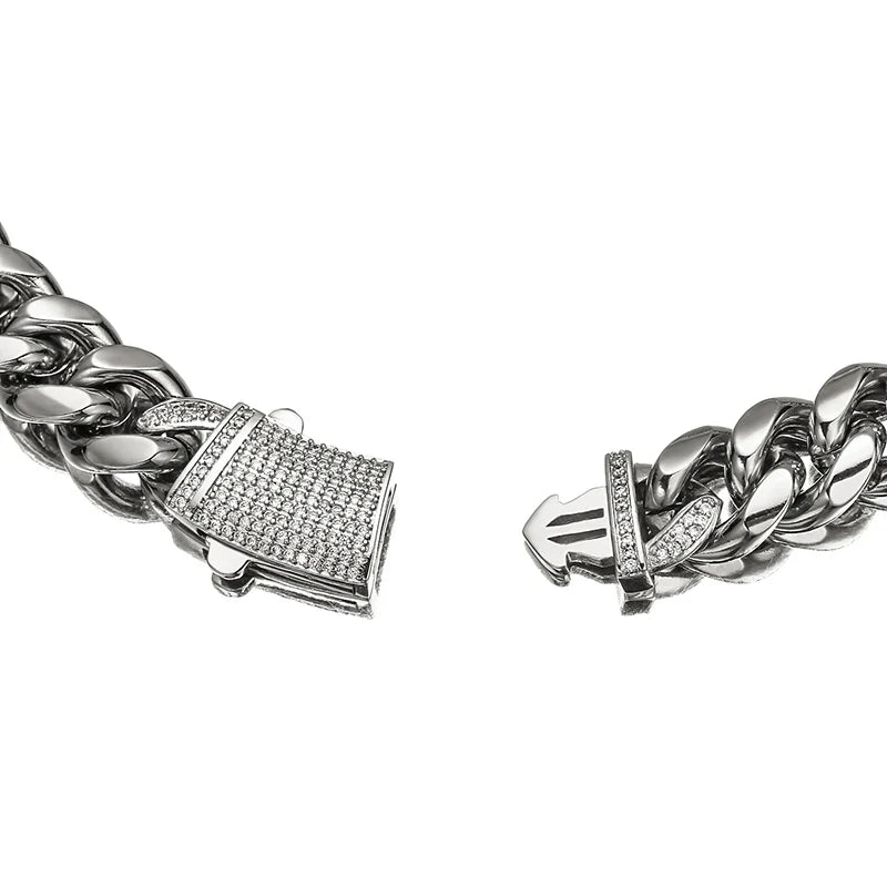 Silver Color Stainless Steel Cuban Miami Chains Necklaces CZ Zircon Lock Link