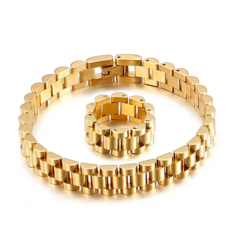 10mm Gold Men Vintage Watch Strap Stainless Steel Bracelet Ring