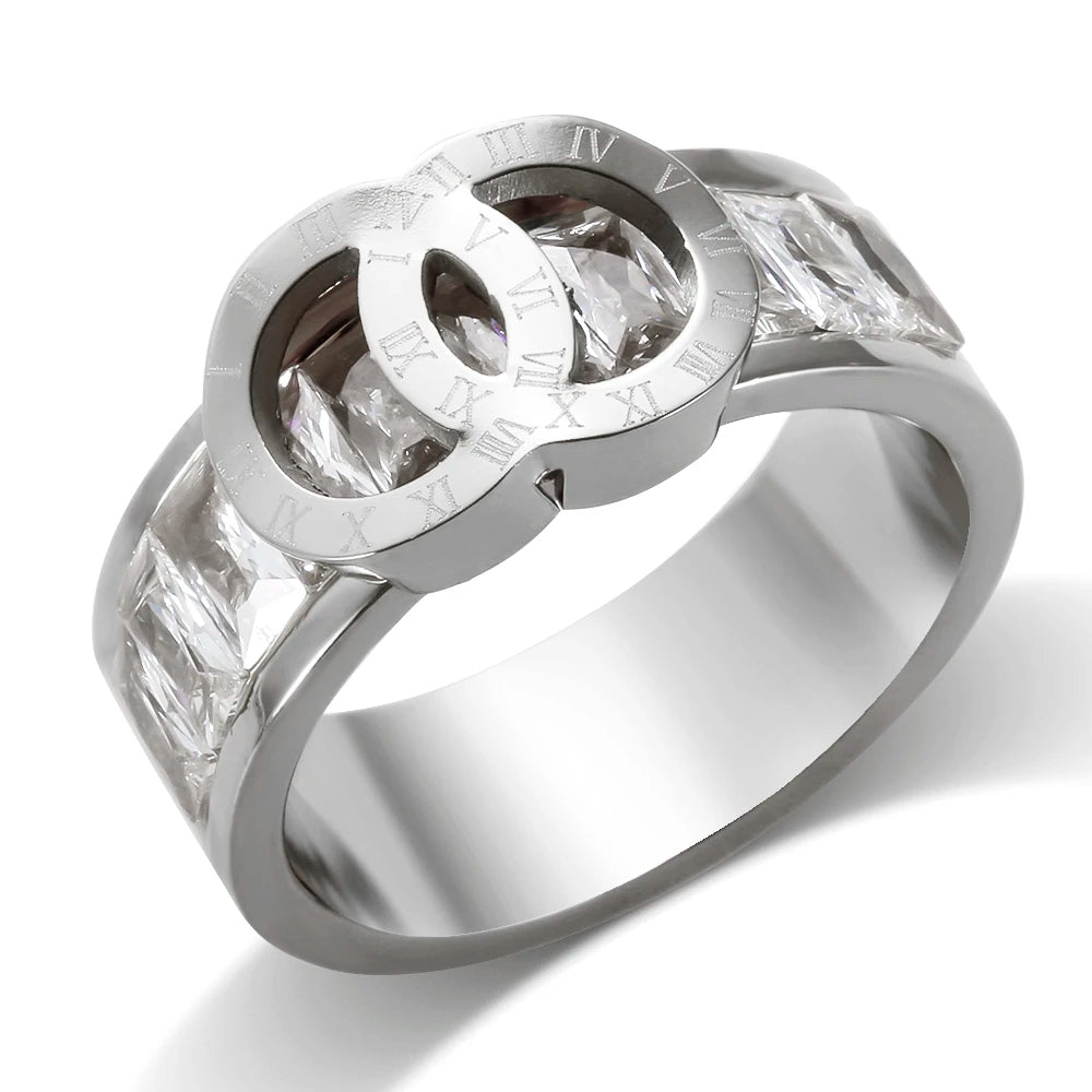 Cross Circle Roman Numerals Rings for Women Stainless Steel