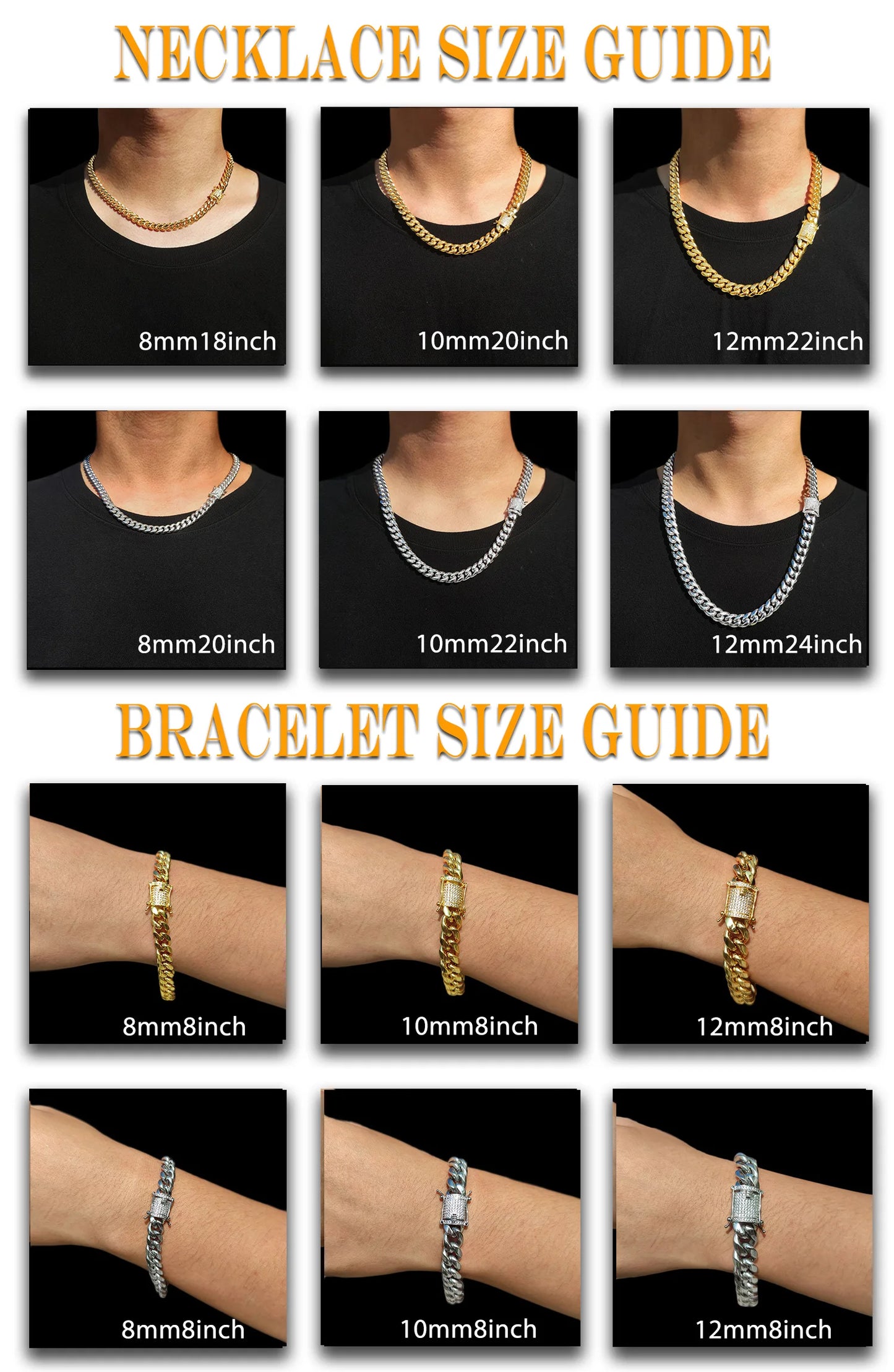 6-16mm Iced Clasp Cuban Link Chain Miami Stainless Steel Necklace Gold Color