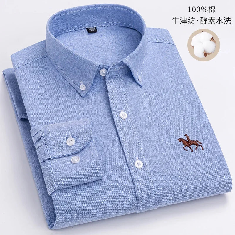 Embroidered Horse Shirts Streetwear Oversized Men Shirt Long Sleeve