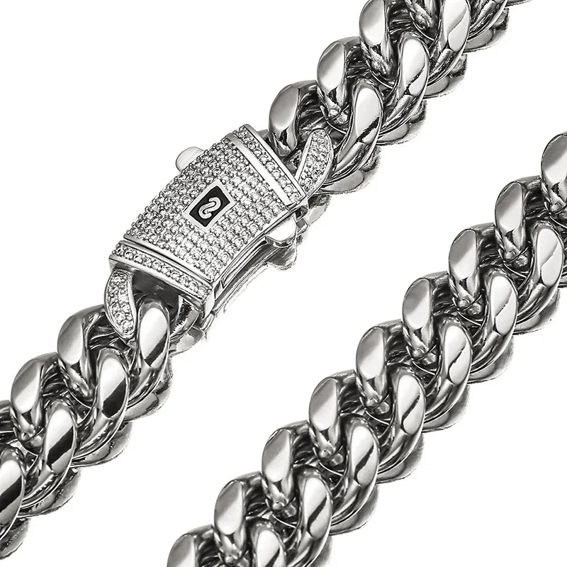 Silver Color Stainless Steel Cuban Miami Chains Necklaces CZ Zircon Lock Link
