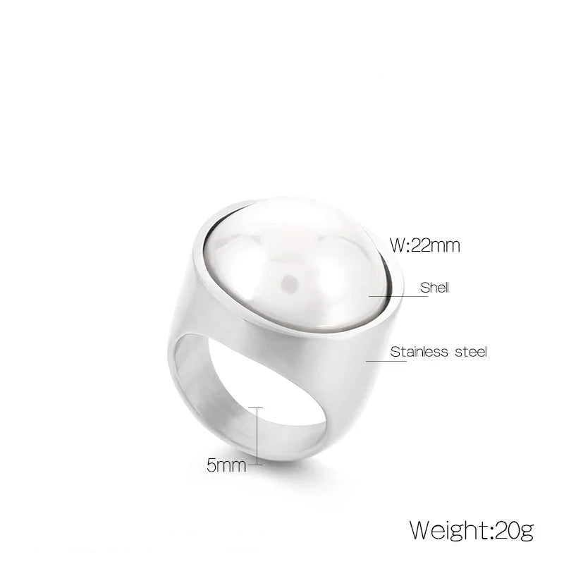 Colorful Glass Shell Pearl Large Rings for Women Men Gold Silver Color Stainless Steel