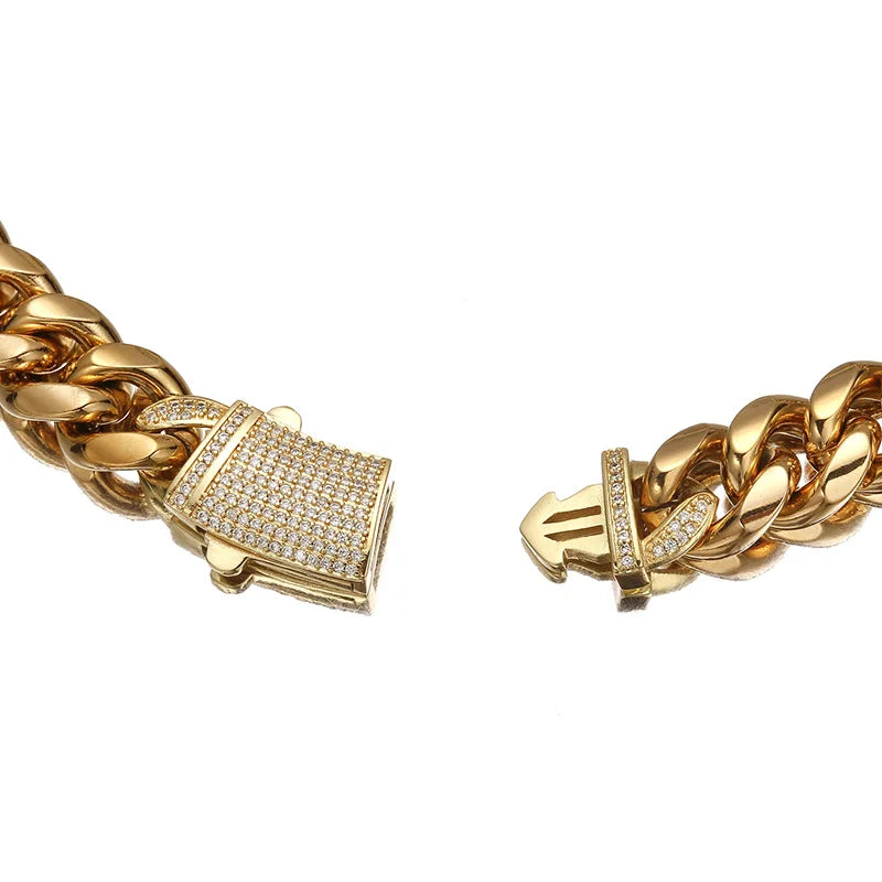 Silver Color Stainless Steel Cuban Miami Chains Necklaces CZ Zircon Lock Link