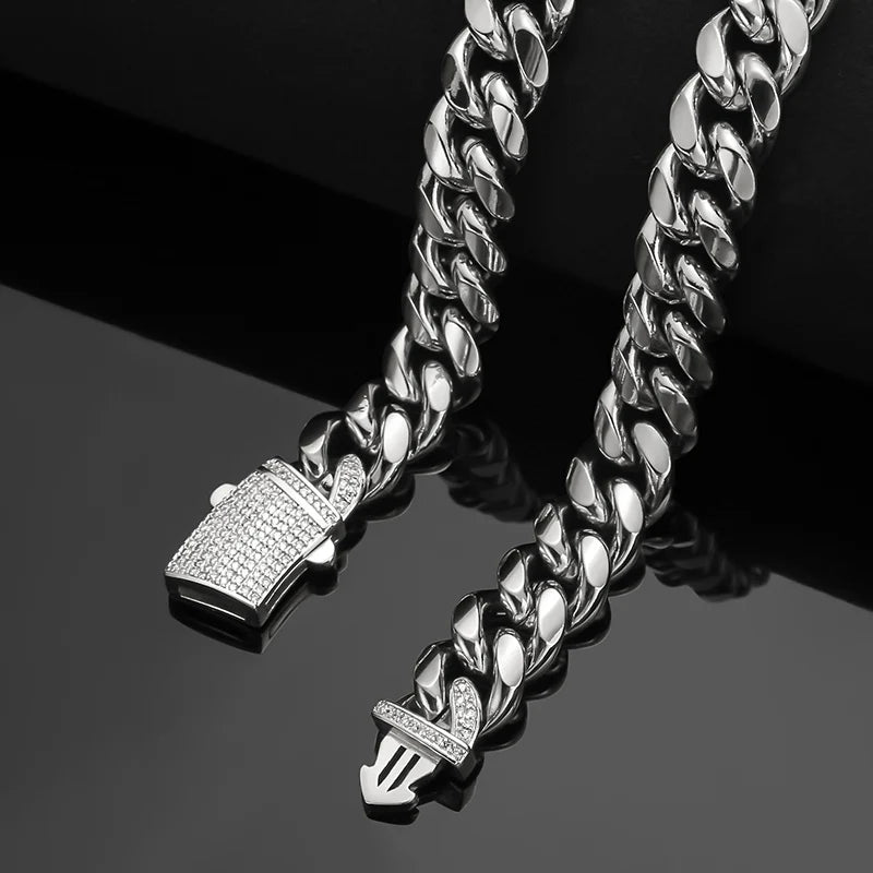 Silver Color Stainless Steel Cuban Miami Chains Necklaces CZ Zircon Lock Link