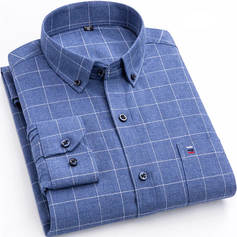 Pure Cotton Men's Plaid Shirt Long Sleeve Regular Fit Men