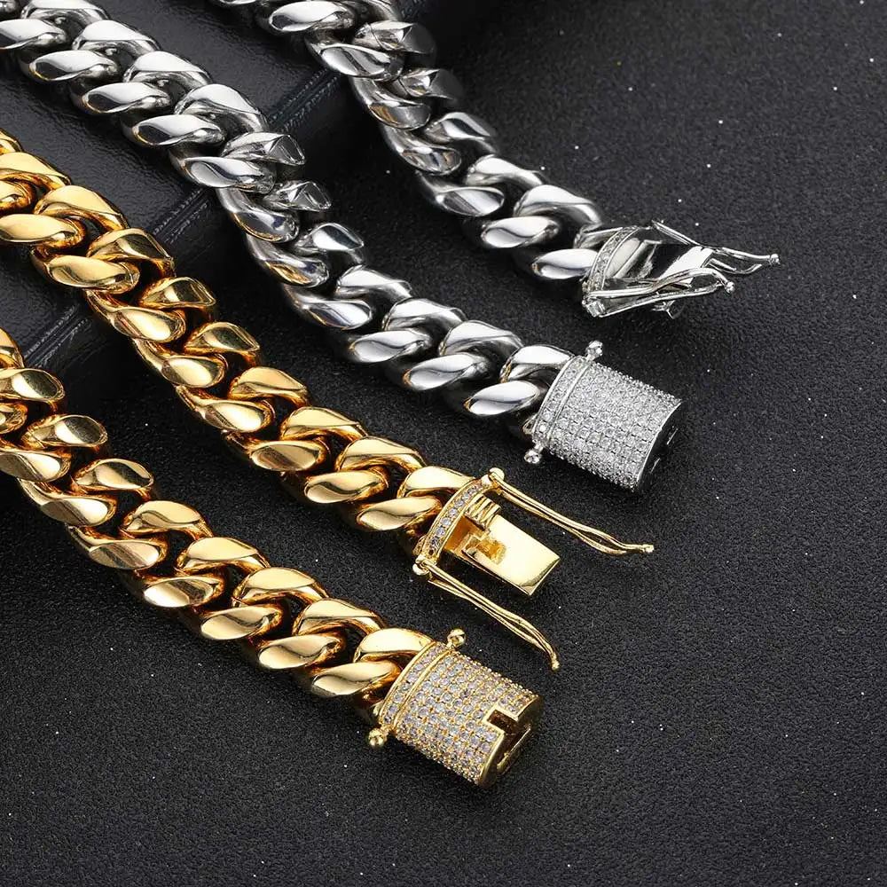 6-16mm Iced Clasp Cuban Link Chain Miami Stainless Steel Necklace Gold Color
