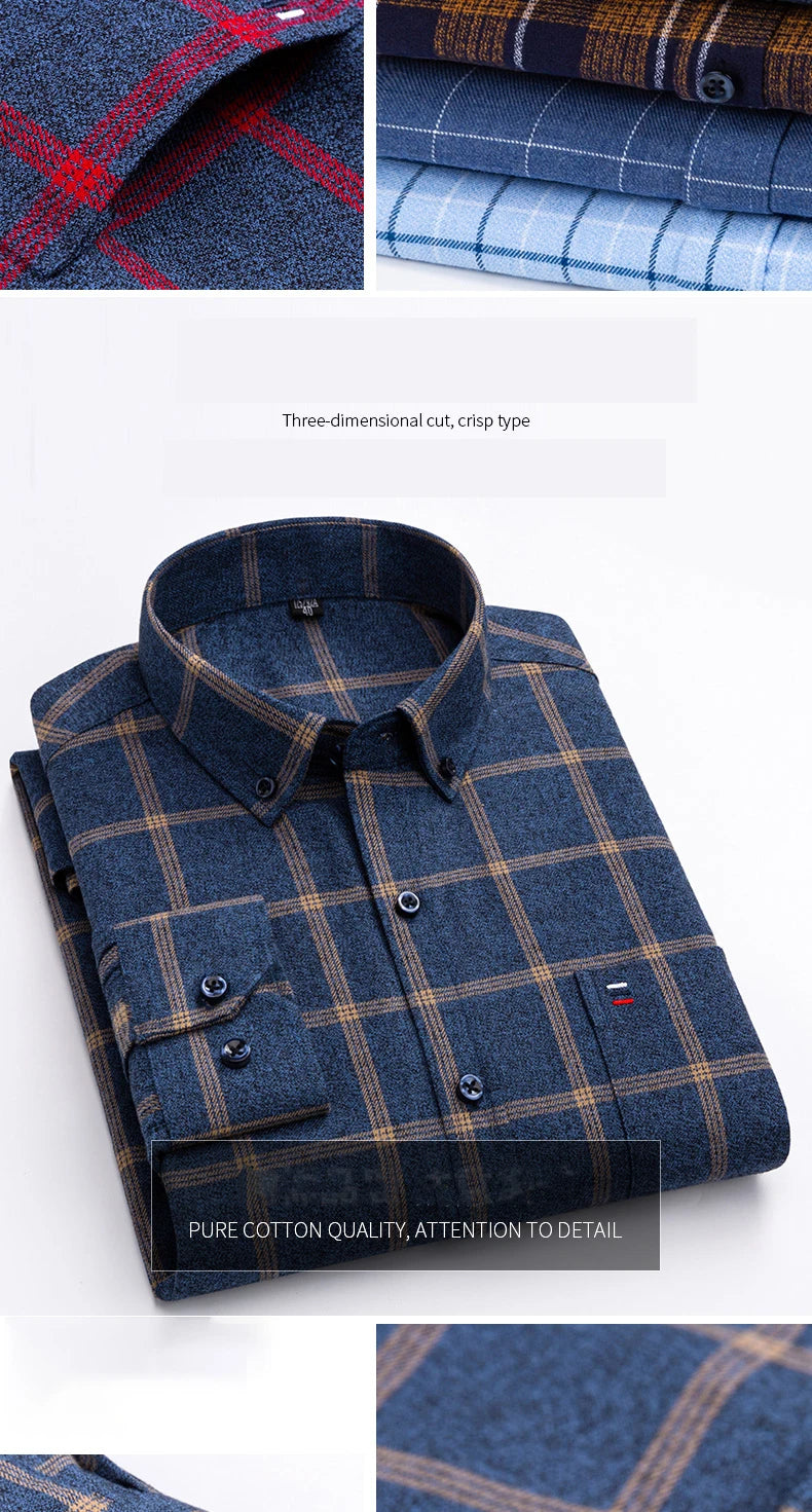 Pure Cotton Men's Plaid Shirt Long Sleeve Regular Fit Men