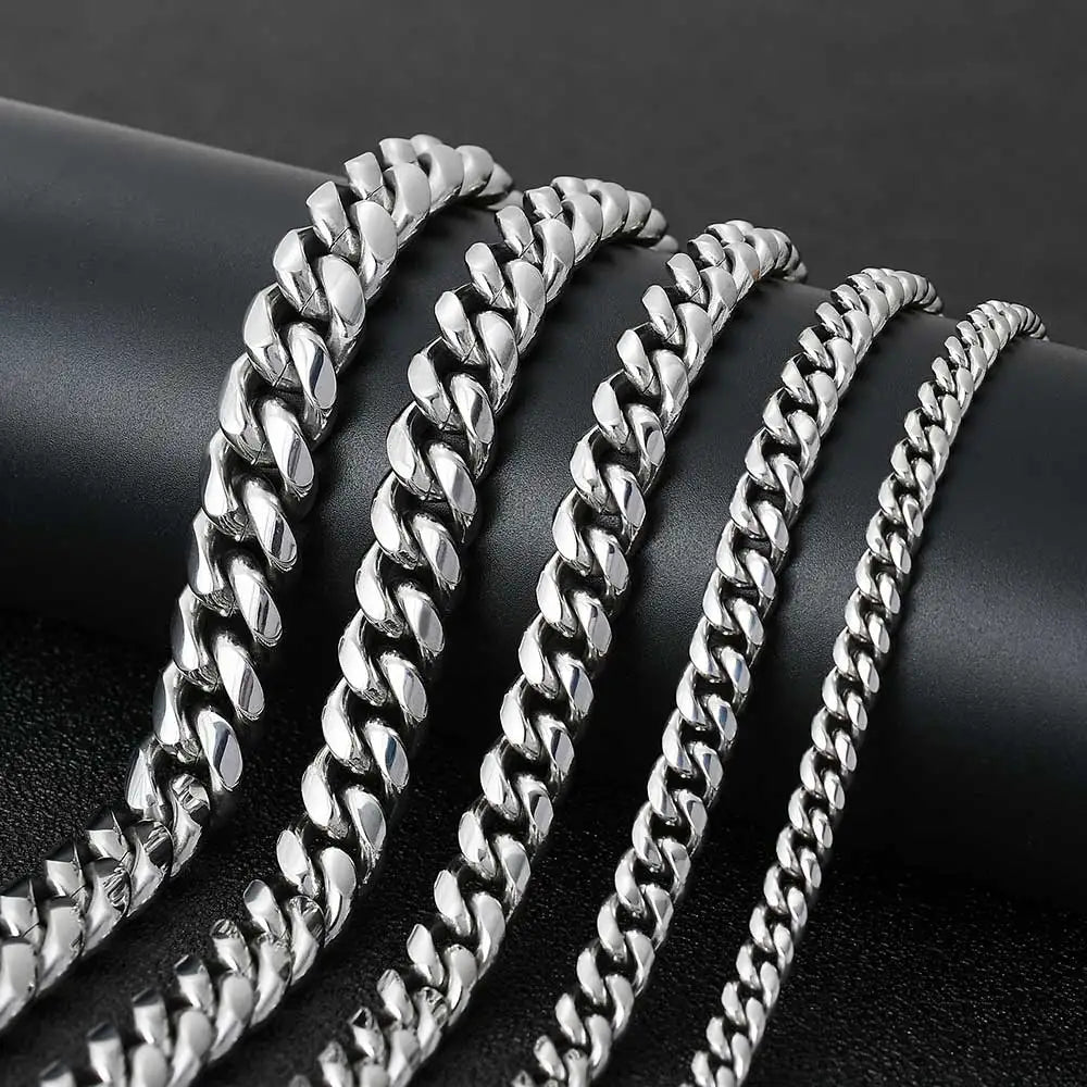 6-16mm Iced Clasp Cuban Link Chain Miami Stainless Steel Necklace Gold Color