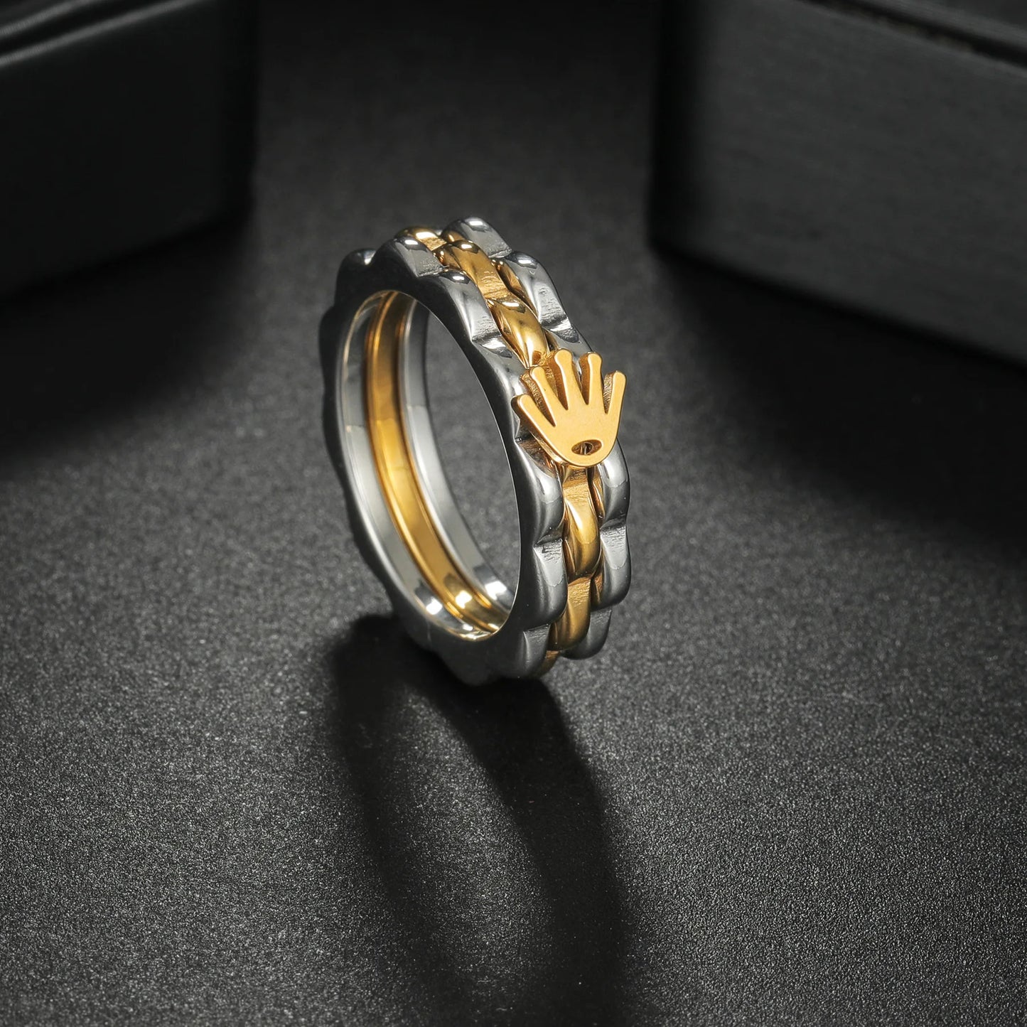 Crown Top Band 8mm Men Women Stainless Steel Rock Gear Ring Mechanical Wheel
