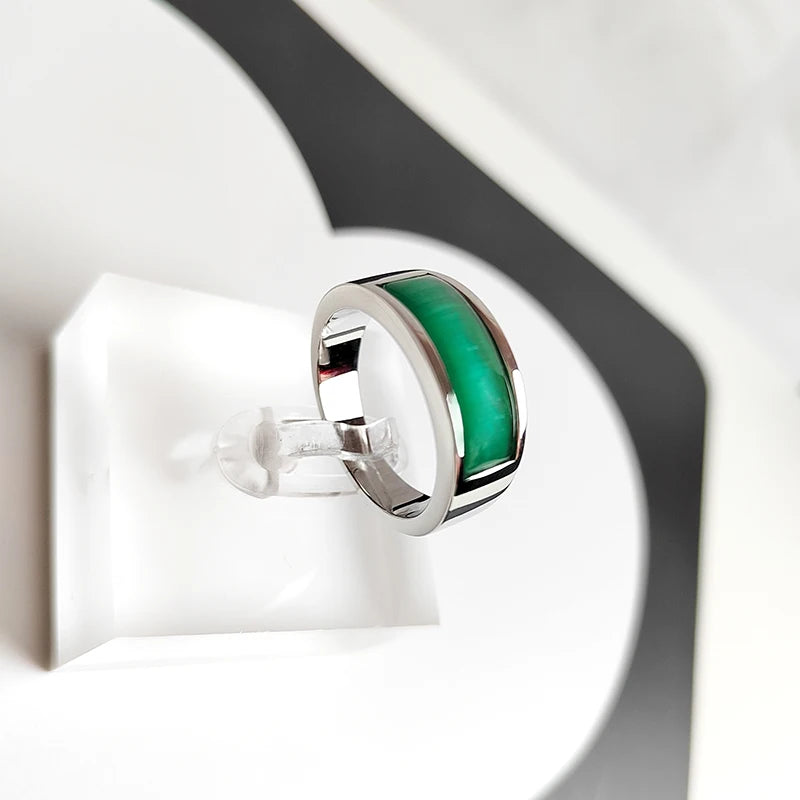Classic Silver Color Stainless Steel Rings for Women Men Channel Setting Green Opal Simple Wedding Bands Engagement Jewelry