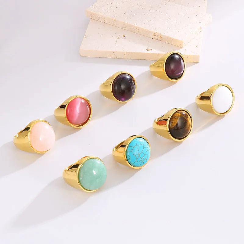Colorful Glass Shell Pearl Large Rings for Women Men Gold Silver Color Stainless Steel