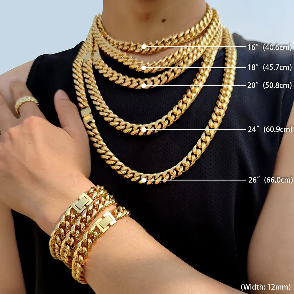 12mm Stainless Steel Homme Cadena Miami Cuban Link Chain Men Rapper Rock Necklace
