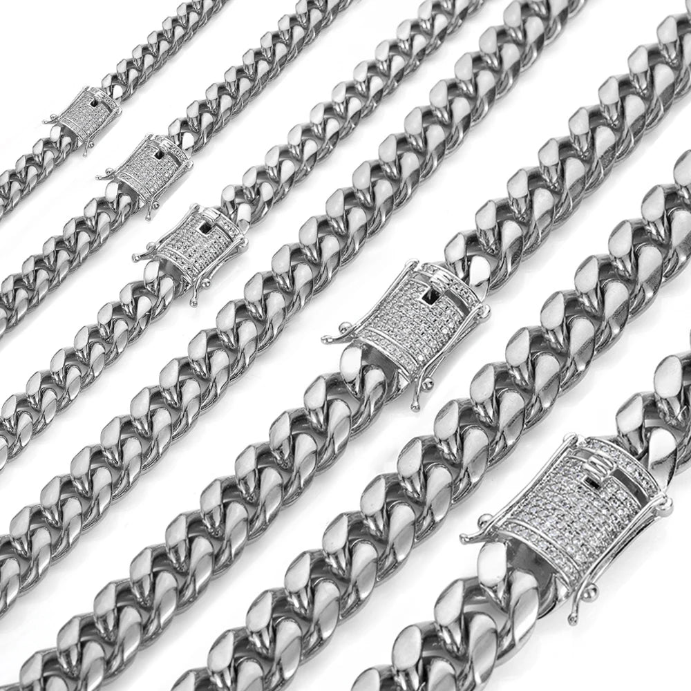 Stainless Steel Miami Cuban Link Chain Necklace Bracelet Men Women Silver Color