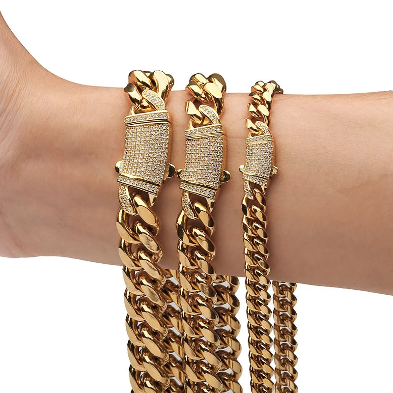 Silver Color Stainless Steel Cuban Miami Chains Necklaces CZ Zircon Lock Link