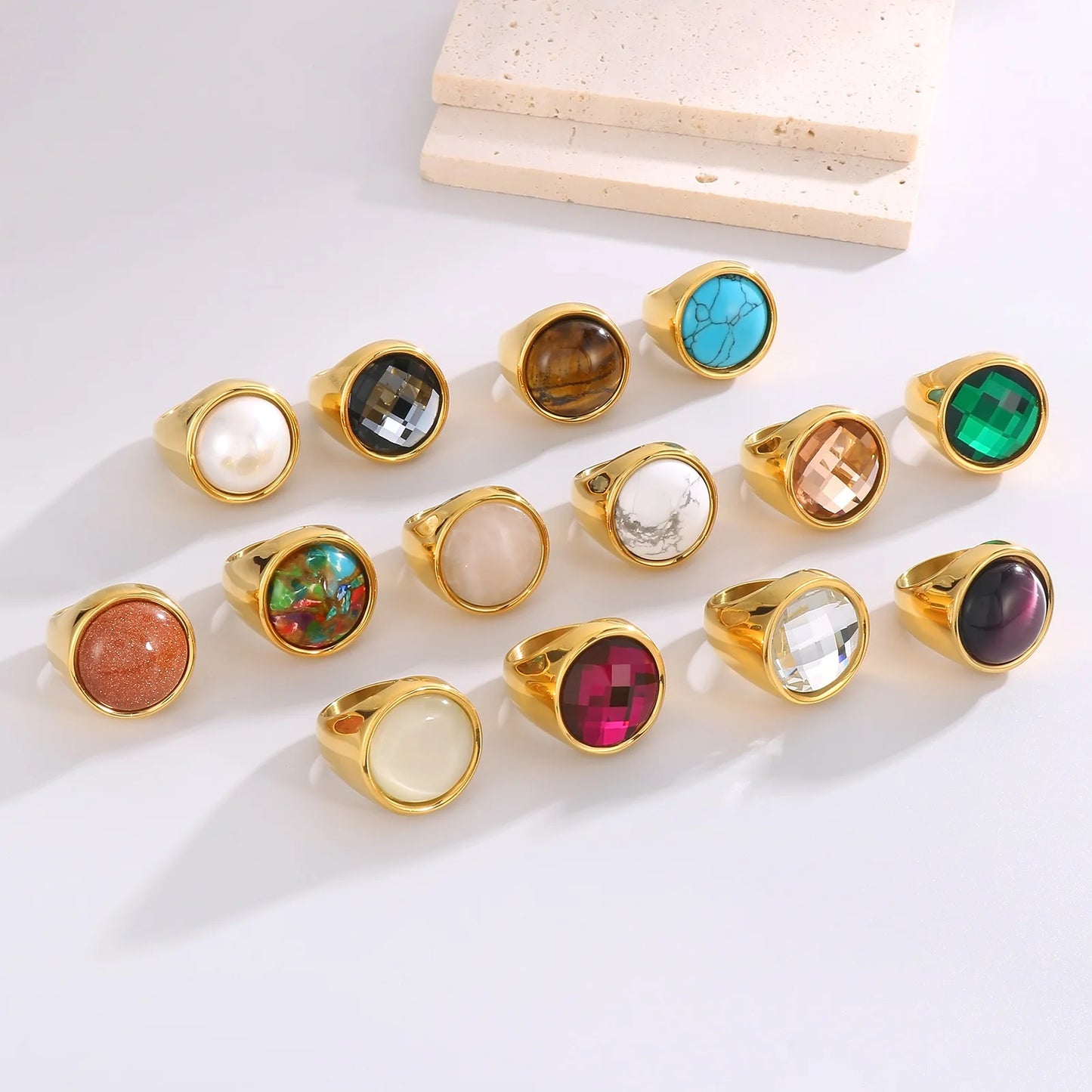Colorful Glass Shell Pearl Large Rings for Women Men Gold Silver Color Stainless Steel