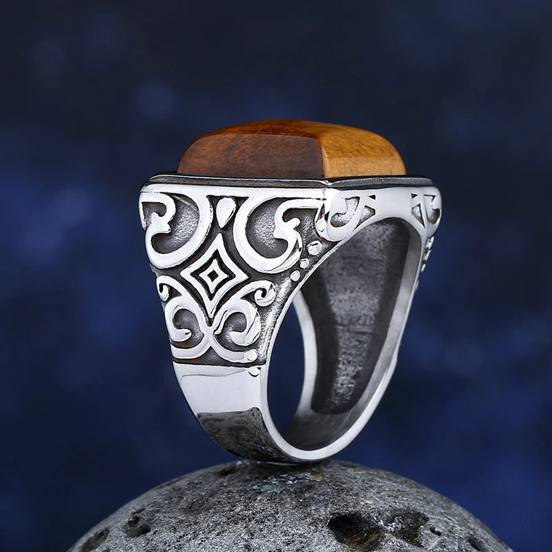 Stainless Steel Tiger Eye Stone Ring With Pattern Anels