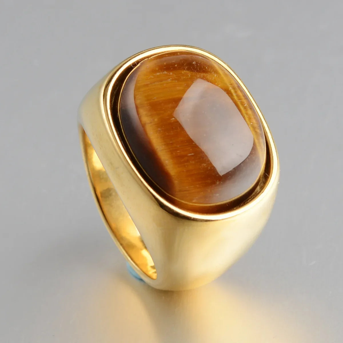 Oval Natural Tiger Eye Stone Rings for Women Men Stainless Steel