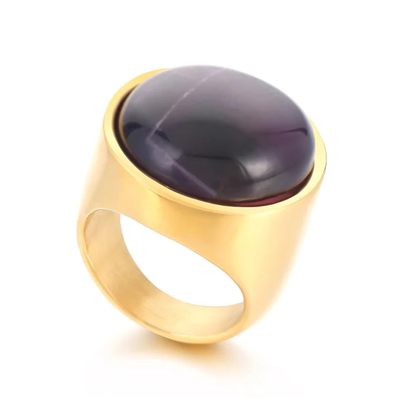 Colorful Glass Shell Pearl Large Rings for Women Men Gold Silver Color Stainless Steel