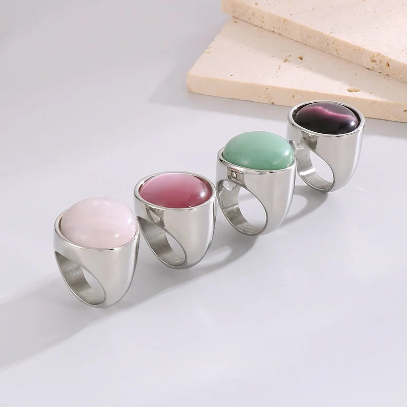 Colorful Glass Shell Pearl Large Rings for Women Men Gold Silver Color Stainless Steel