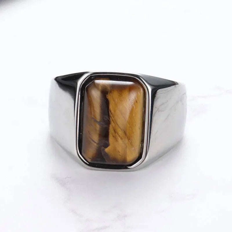 Natural Gemstone Tiger Eye Signet Ring Stainless Steel Waterproof