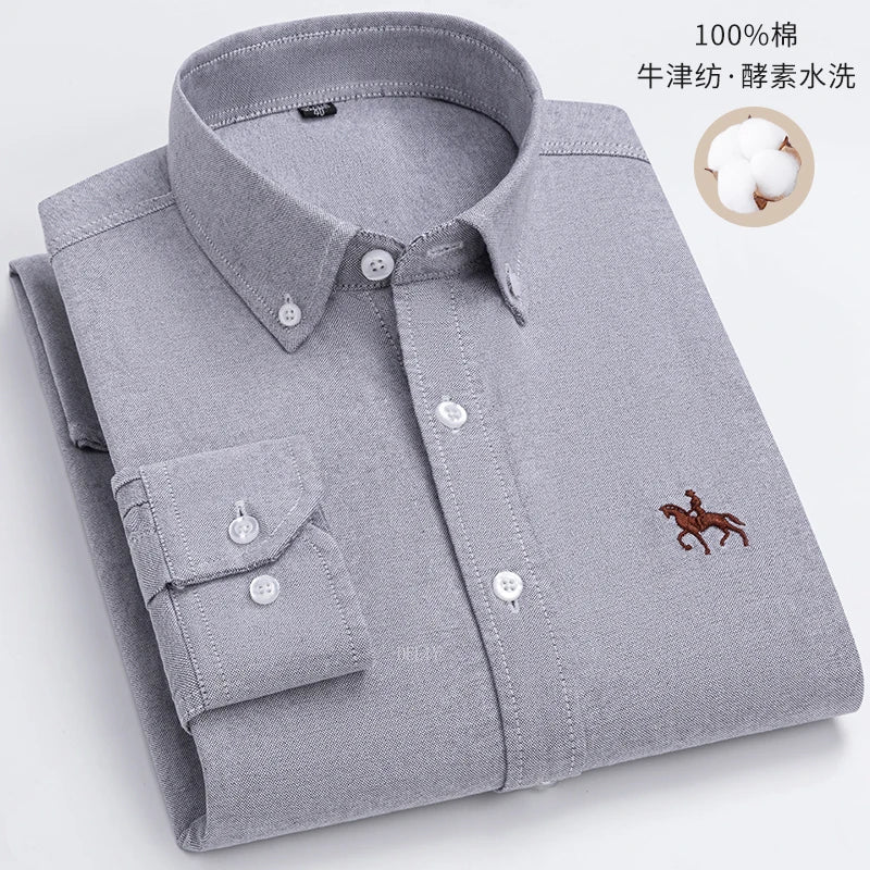 Embroidered Horse Shirts Streetwear Oversized Men Shirt Long Sleeve