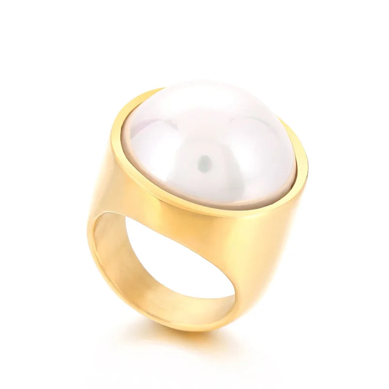 Colorful Glass Shell Pearl Large Rings for Women Men Gold Silver Color Stainless Steel
