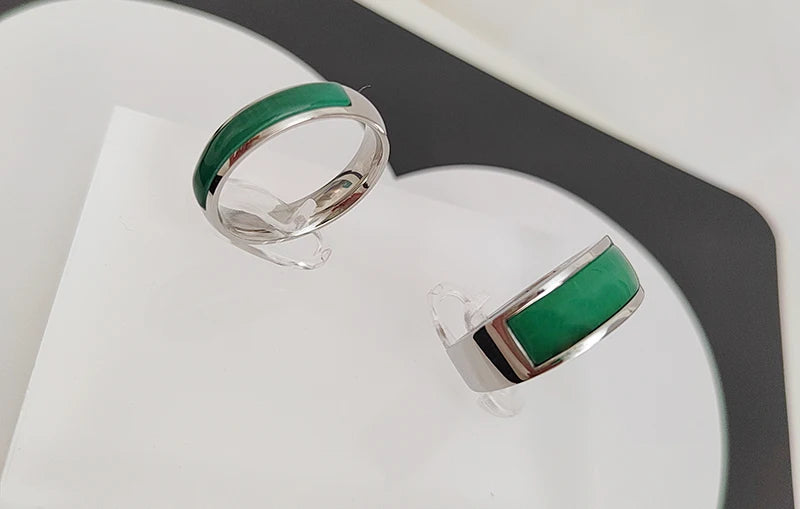 Classic Silver Color Stainless Steel Rings for Women Men Channel Setting Green Opal Simple Wedding Bands Engagement Jewelry