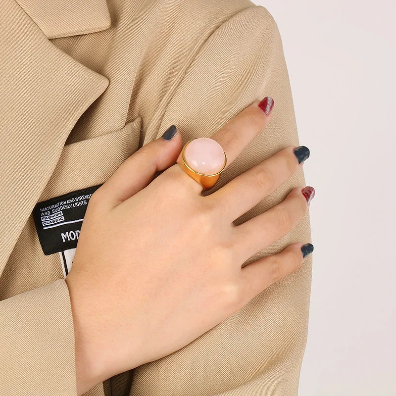 Colorful Glass Shell Pearl Large Rings for Women Men Gold Silver Color Stainless Steel