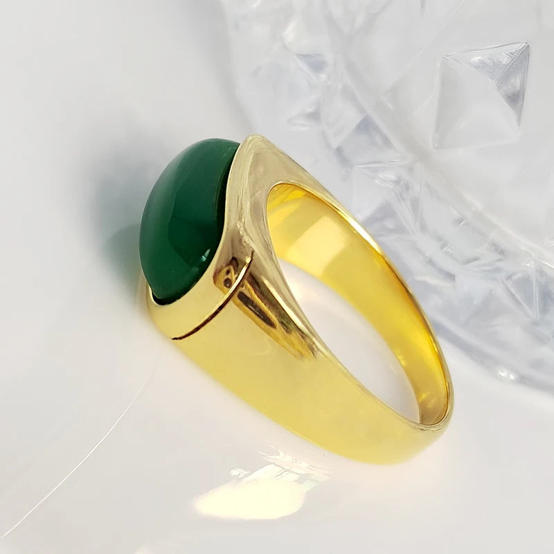 Men's Stainless Steel Ring Inaly Green Jade Smooth Gold Color