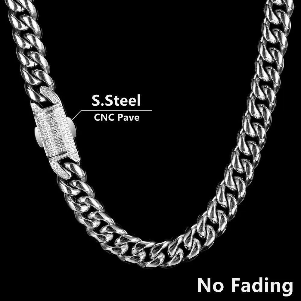 12mm Stainless Steel Homme Cadena Miami Cuban Link Chain Men Rapper Rock Necklace