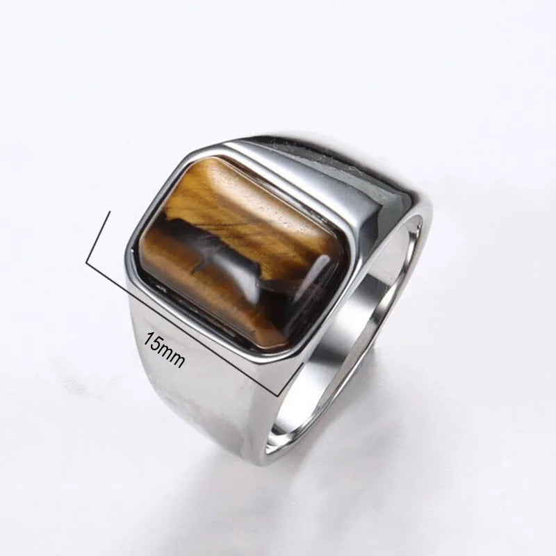 Natural Gemstone Tiger Eye Signet Ring Stainless Steel Waterproof