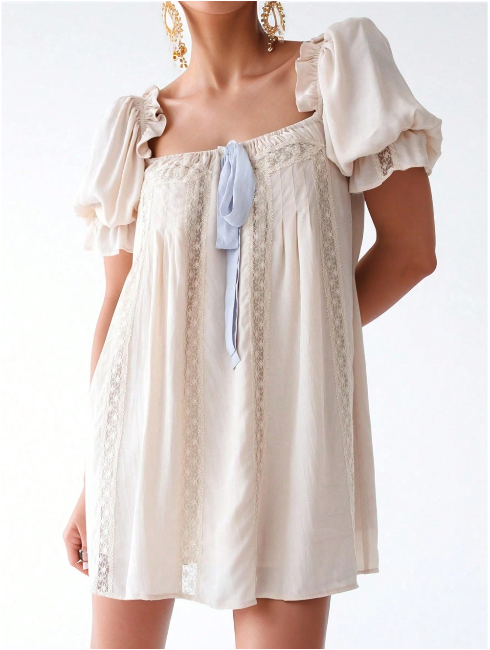 Cute Babydoll Mini Dress For Women Short Puff Sleeve Ruffle Bow Tie Short Dress Fairy Loose Floral