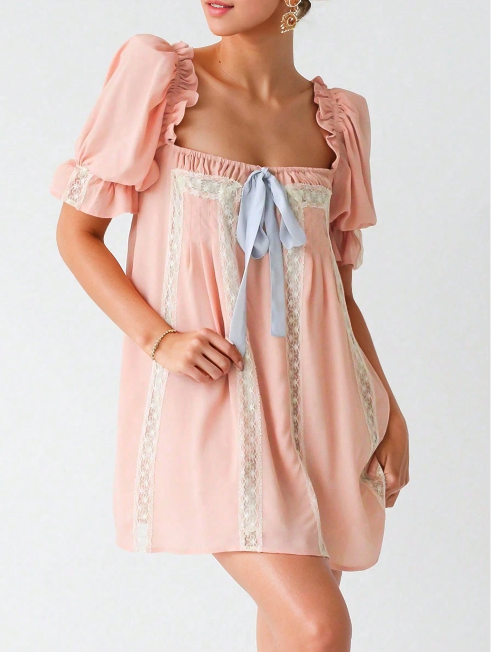 Cute Babydoll Mini Dress For Women Short Puff Sleeve Ruffle Bow Tie Short Dress Fairy Loose Floral (Copy)