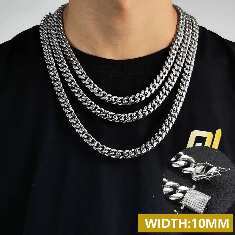6-16mm Iced Clasp Cuban Link Chain Miami Stainless Steel Necklace Gold Color