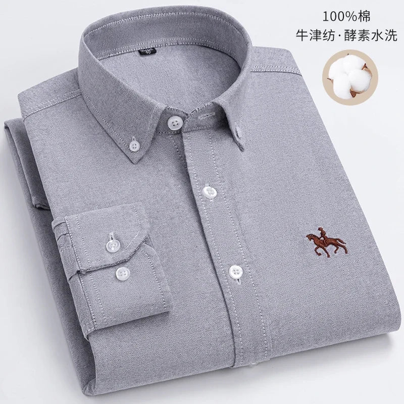 Embroidered Horse Shirts Streetwear Oversized Men Shirt Long Sleeve
