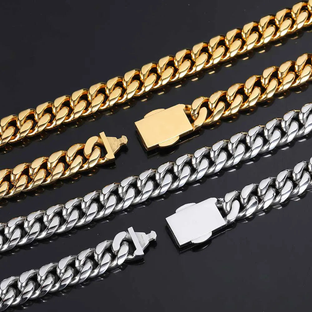 12mm Stainless Steel Homme Cadena Miami Cuban Link Chain Men Rapper Rock Necklace